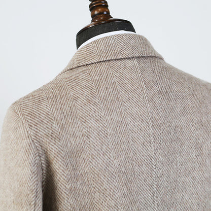 Mens Double-faced Woolen Overcoat | Mid-length Herringbone Pattern Jacket - LAKD London