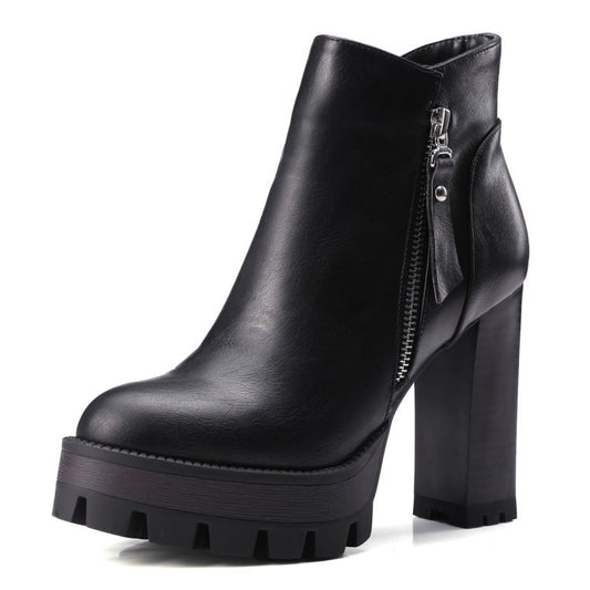 Womens British Retro High Heel Thick Sole Short Boots | Martin Leather Boots