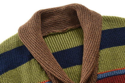 Men's Comfortable Cotton Cardigan Multicolored Stripes Lapel Sweater