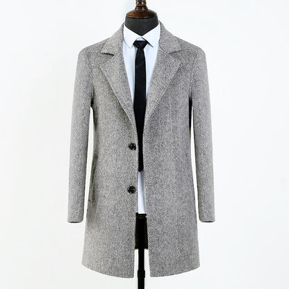 Mens Double-faced Woolen Overcoat | Mid-length Herringbone Pattern Jacket - LAKD London