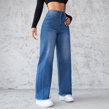 Womens Straight Wide Leg Jeans - Casual High-waist Non-elastic Pants