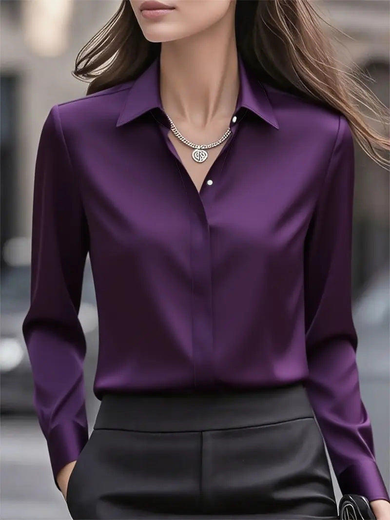 Women's Tailored Satin Lapel Long Sleeve Formal Office Blouse Shirt