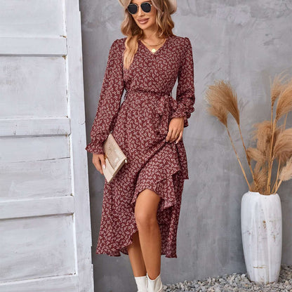 Women's Floral Print Long Sleeve Ruffled Midi Commuter Dress Elegant