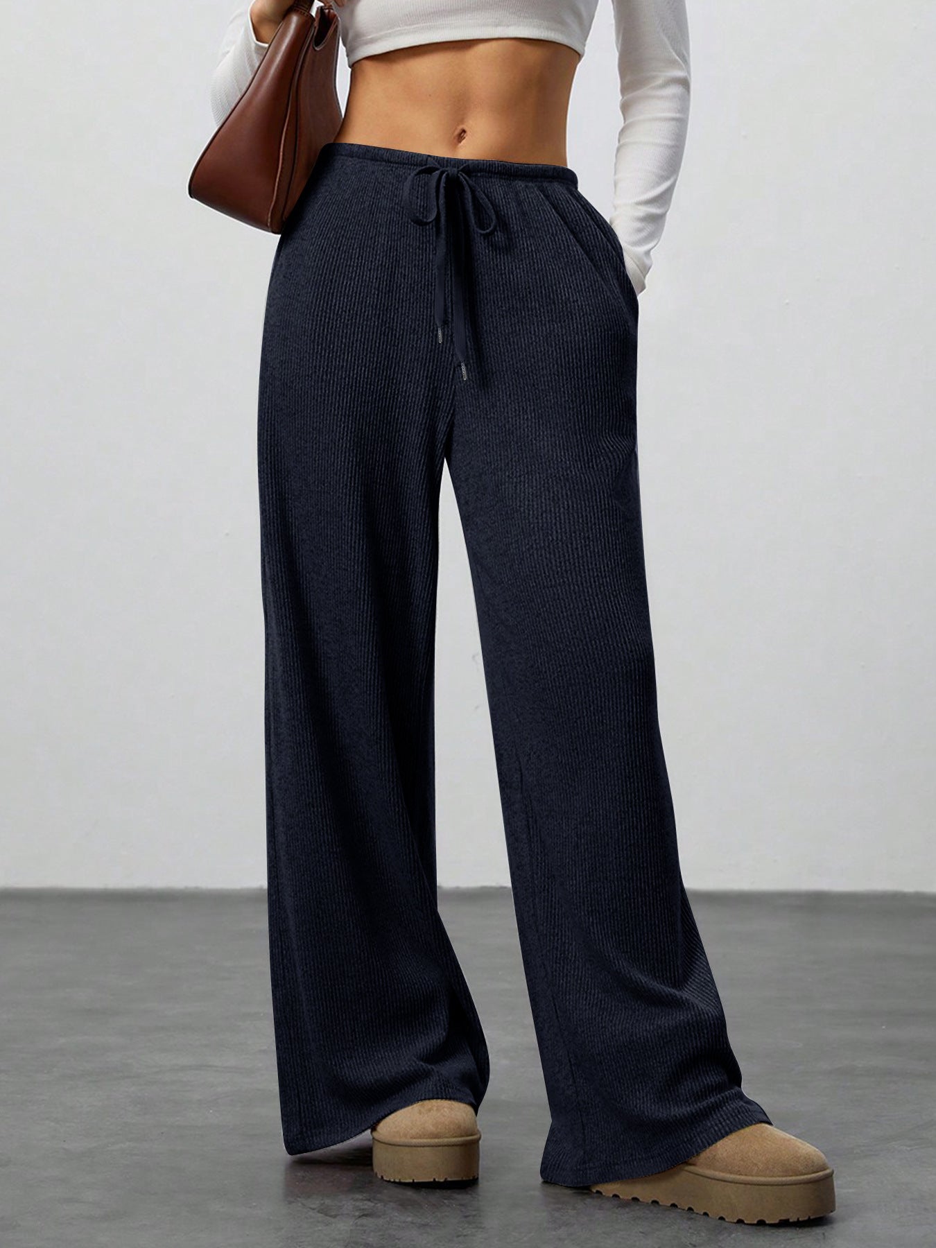 Womens Solid Color Loose Pants - Flowy Drawstring-Waist Wide-Leg Casual Trousers