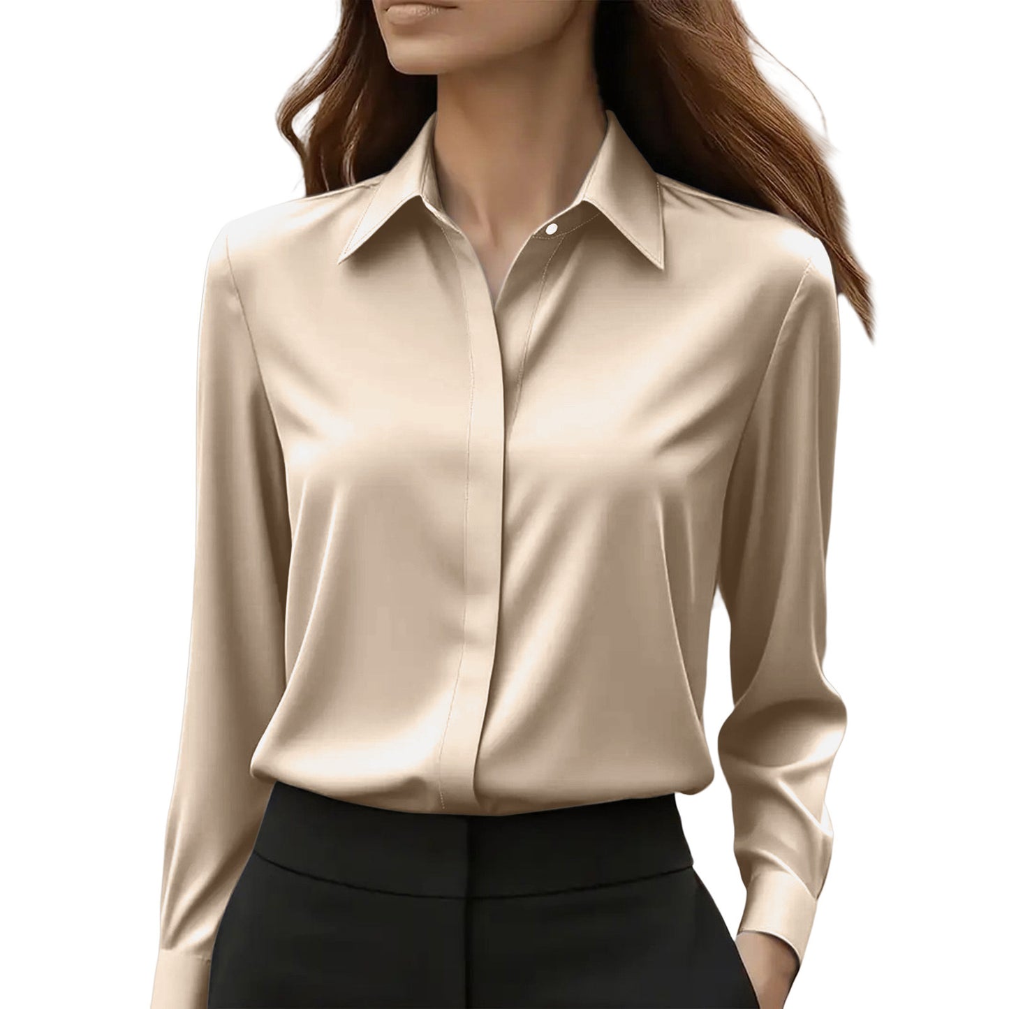 Women's Tailored Satin Lapel Long Sleeve Formal Office Blouse Shirt