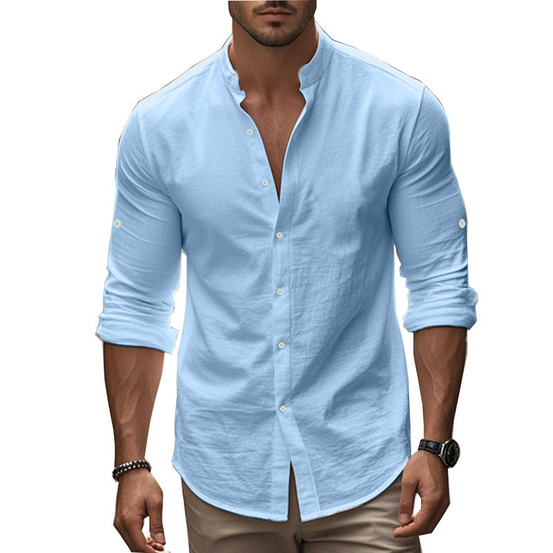 Men's Casual Cotton Standing Collar Long Sleeve Summer Shirt Breathable
