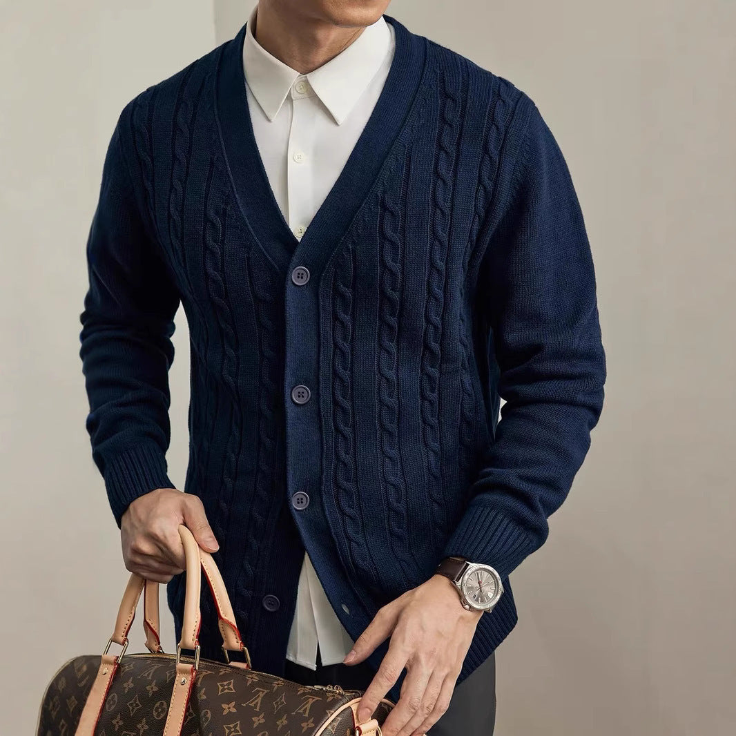 Mens Solid Color Knitted Cardigan Long Sleeve Sweater