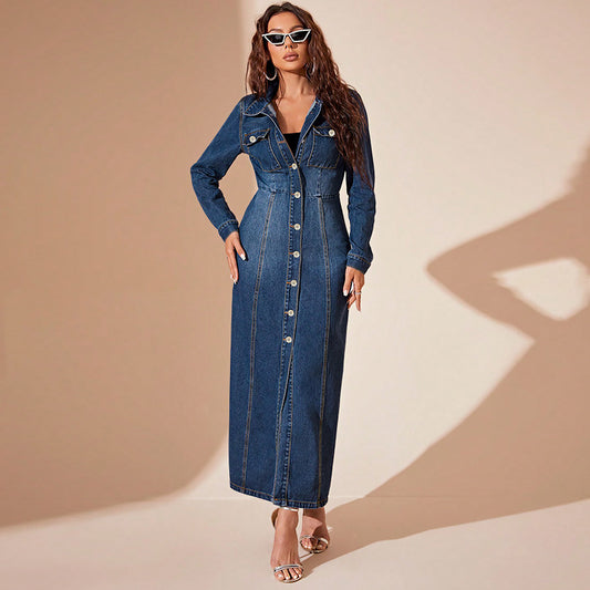 Womens Denim Button Down Cardigan Long Dress