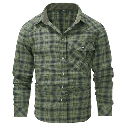 Mens Flannel Plaid Shirt | Retro Pearl Buckle Western Style Long Sleeve Shirt
