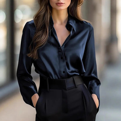 Women's Elegant Satin Long Sleeve Button Up Glossy Office Blouse