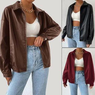 Womens Winter PU Leather Coat | Retro Biker's Long Sleeve Zipper Lapel Jacket