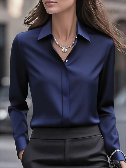 Women's Tailored Satin Lapel Long Sleeve Formal Office Blouse Shirt