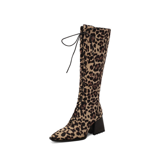 Womens Vintage Print Boots With Pointed Toes And Thick Heels