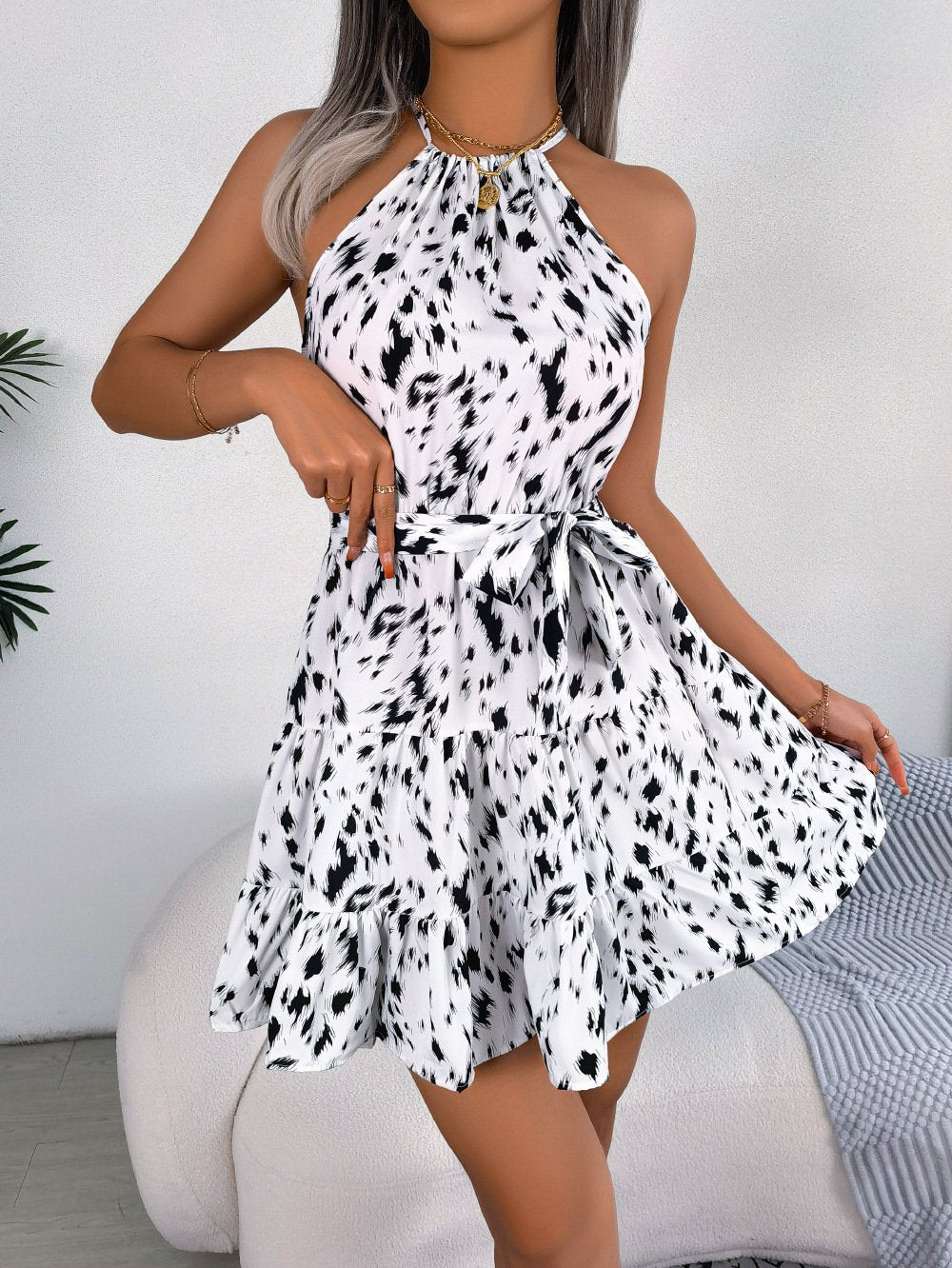 Womens Casual Leopard Print Ruffled Swing Dress Summer Fashion Beach Dress