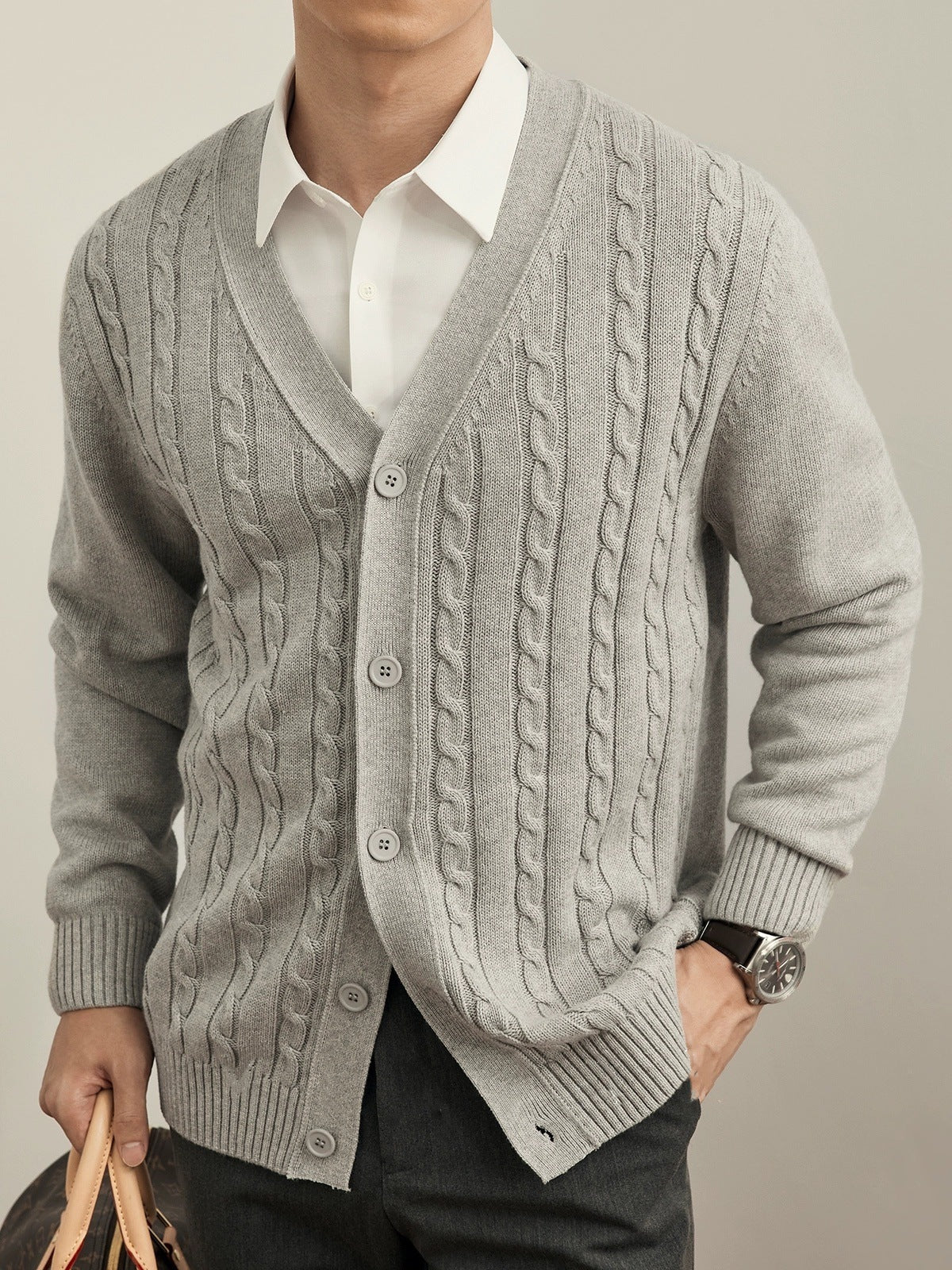 Mens Solid Color Knitted Cardigan Long Sleeve Sweater