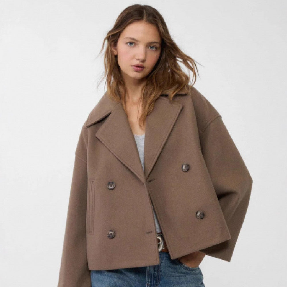 Women's Cropped Peacoat Wool Blend Double Breasted Blazer