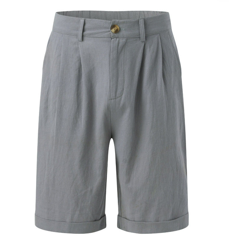 Men's Pleated Pocket Straight Leg Summer Cotton Linen Shorts Loose
