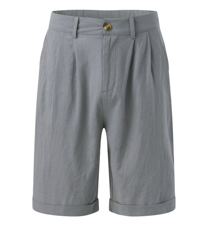 Men's Pleated Pocket Straight Leg Summer Cotton Linen Shorts Loose