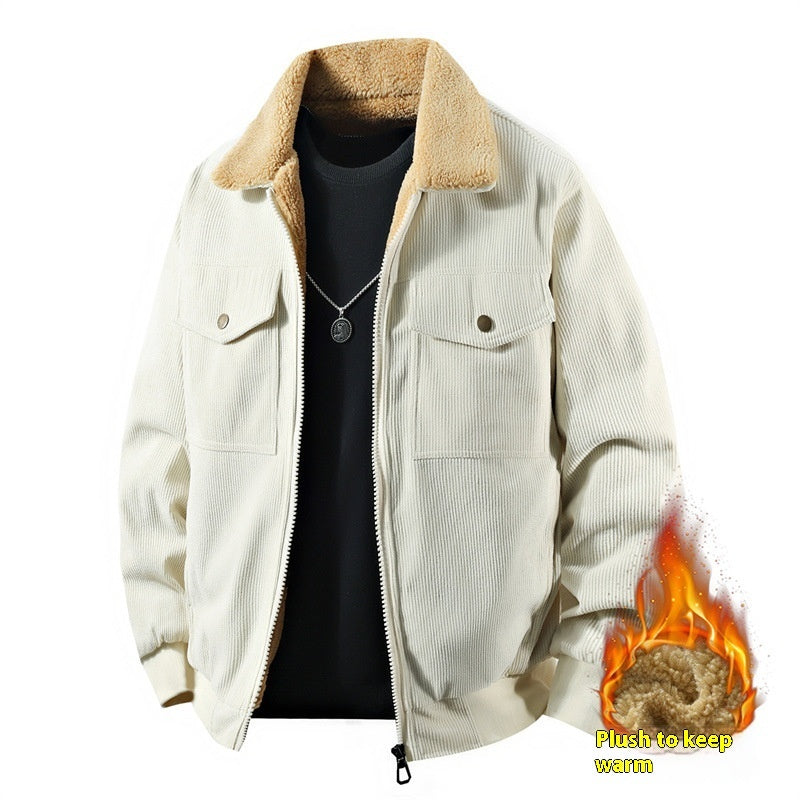 Mens Fleece Corduroy Cotton Coat Jacket | Casual Polo Collar Coat