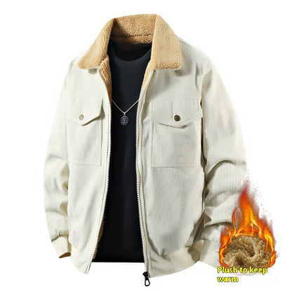 Mens Fleece Corduroy Cotton Coat Jacket | Casual Polo Collar Coat