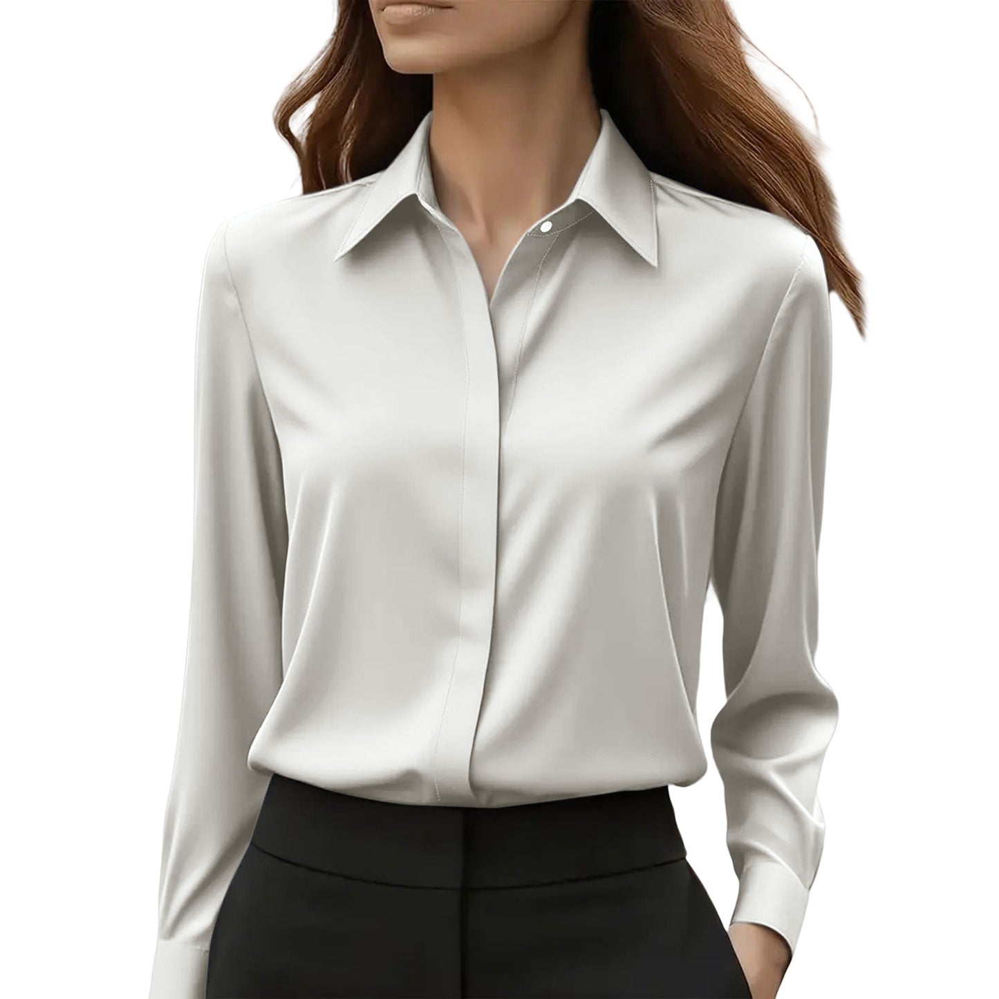 Women's Tailored Satin Lapel Long Sleeve Formal Office Blouse Shirt
