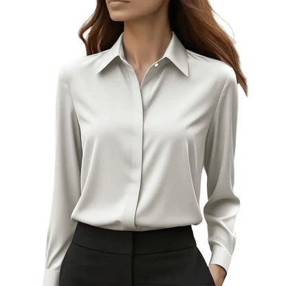 Women's Tailored Satin Lapel Long Sleeve Formal Office Blouse Shirt