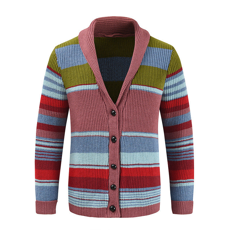 Men's Comfortable Cotton Cardigan Multicolored Stripes Lapel Sweater