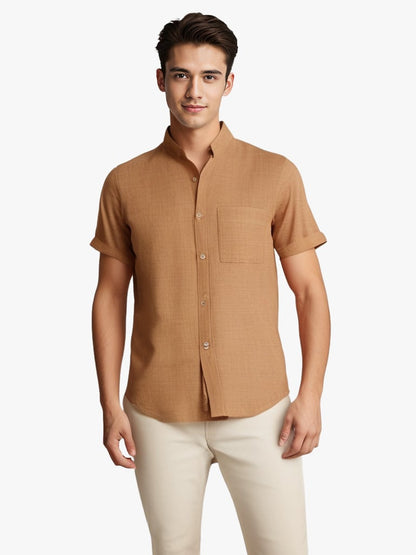 Men's Solid Colour Short Sleeve Lapel Cotton Linen Summer Shirt
