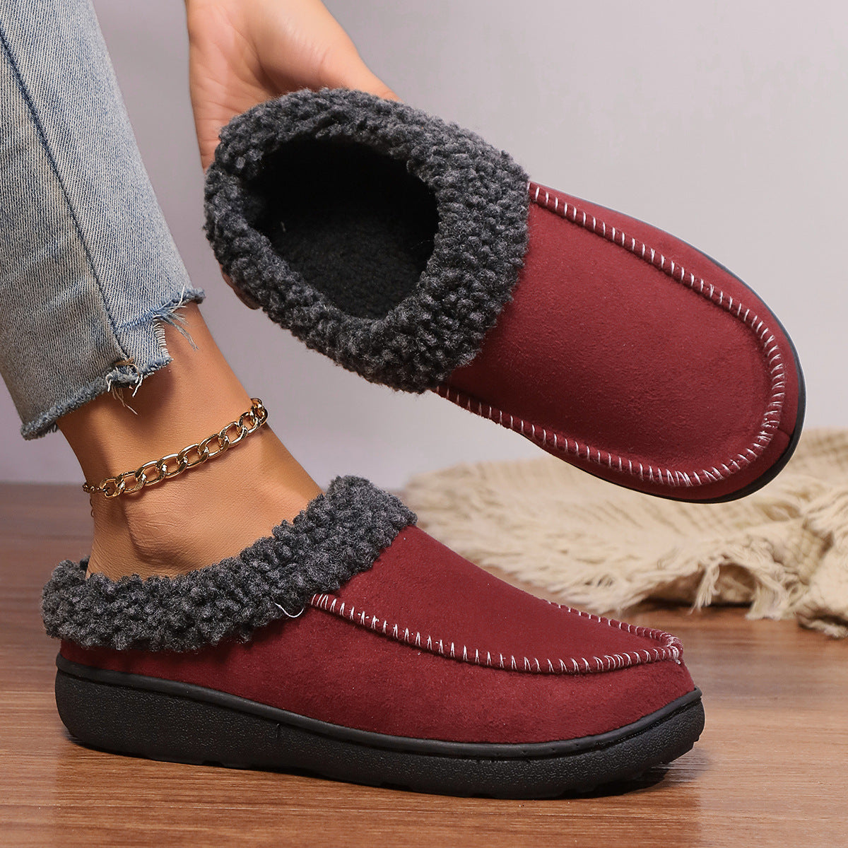 Womens Thickened  Winter Indoor Half-covered Fur Cotton Slippers
