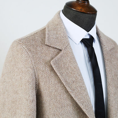 Mens Double-faced Woolen Overcoat | Mid-length Herringbone Pattern Jacket - LAKD London
