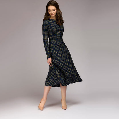 Women's Plaid Elegant Midi Dress Timeless Smart Casual Style Women