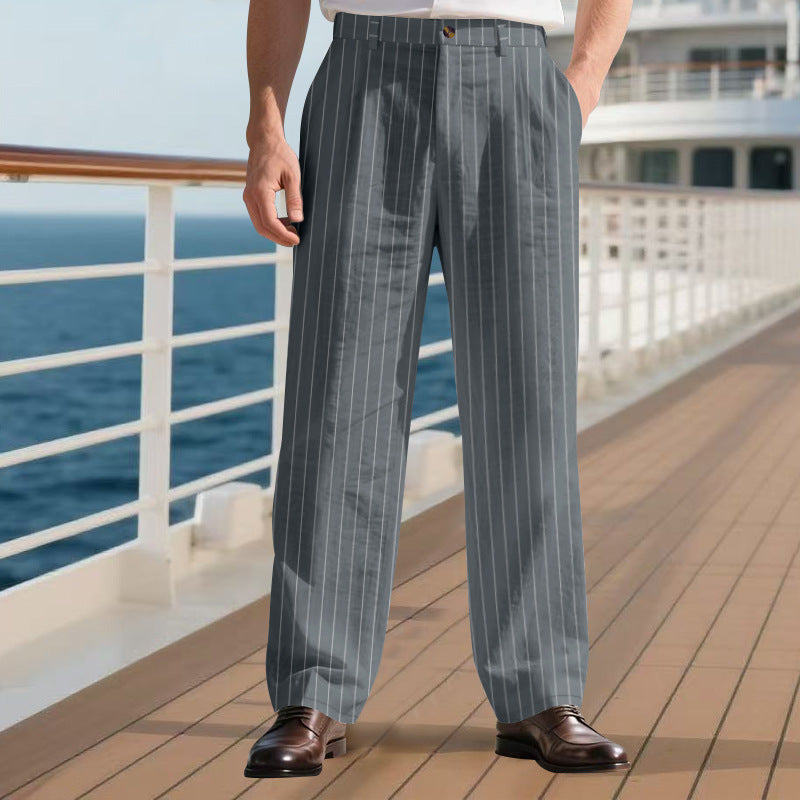 Mens Striped Loose Breathable Casual Cotton Trouser Pants