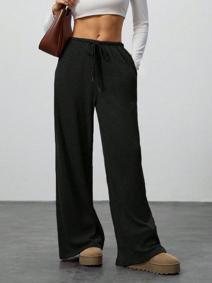 Womens Solid Color Loose Pants - Flowy Drawstring-Waist Wide-Leg Casual Trousers