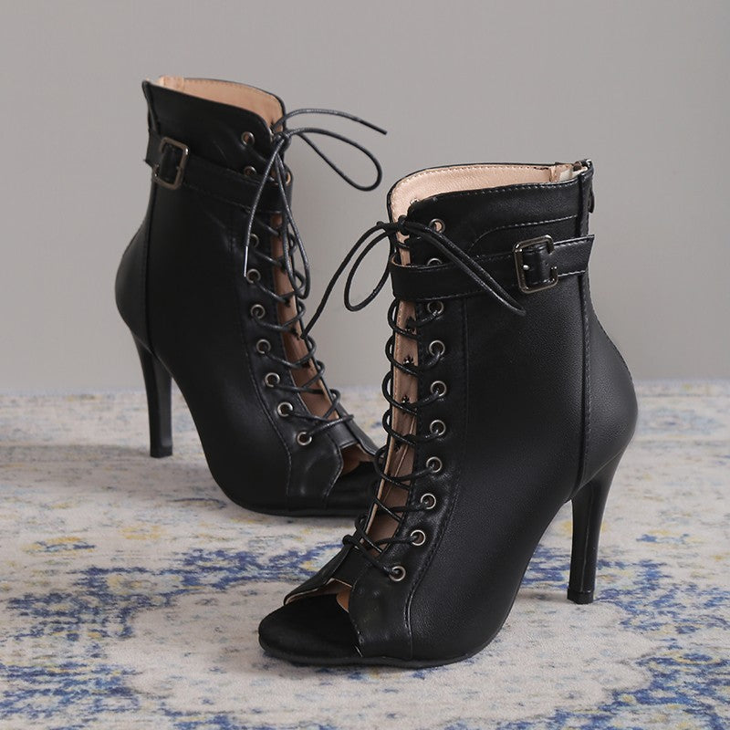 Women's Peep Toe High Heel Pumps | Lace-up Buckle Sandals With Back Zipper Design