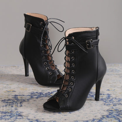 Women's Peep Toe High Heel Pumps | Lace-up Buckle Sandals With Back Zipper Design
