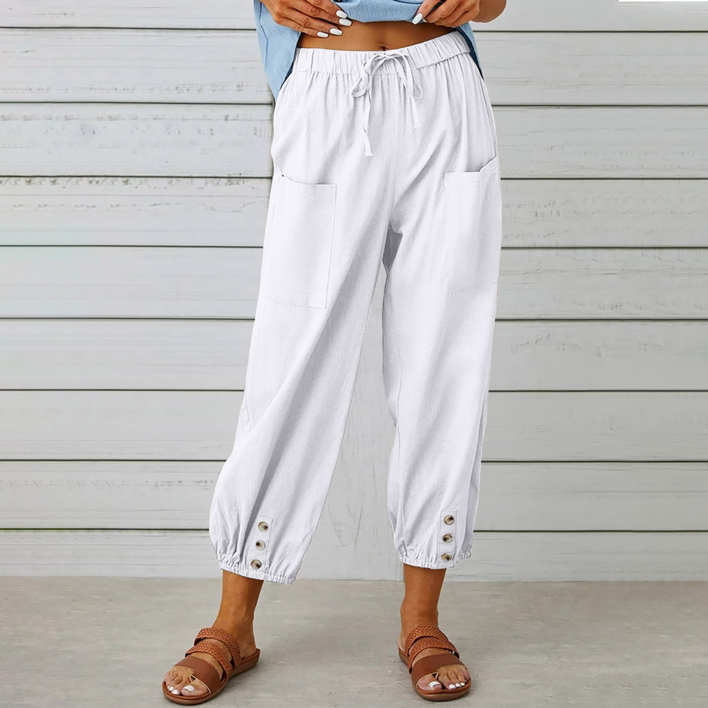 Women Drawstring Tie Pants - Cotton And Linen Trousers With Pockets Button