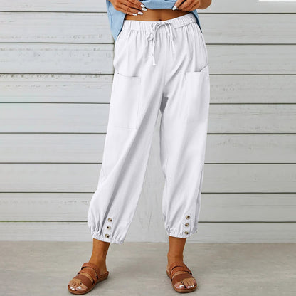 Women Drawstring Tie Pants - Cotton And Linen Trousers With Pockets Button