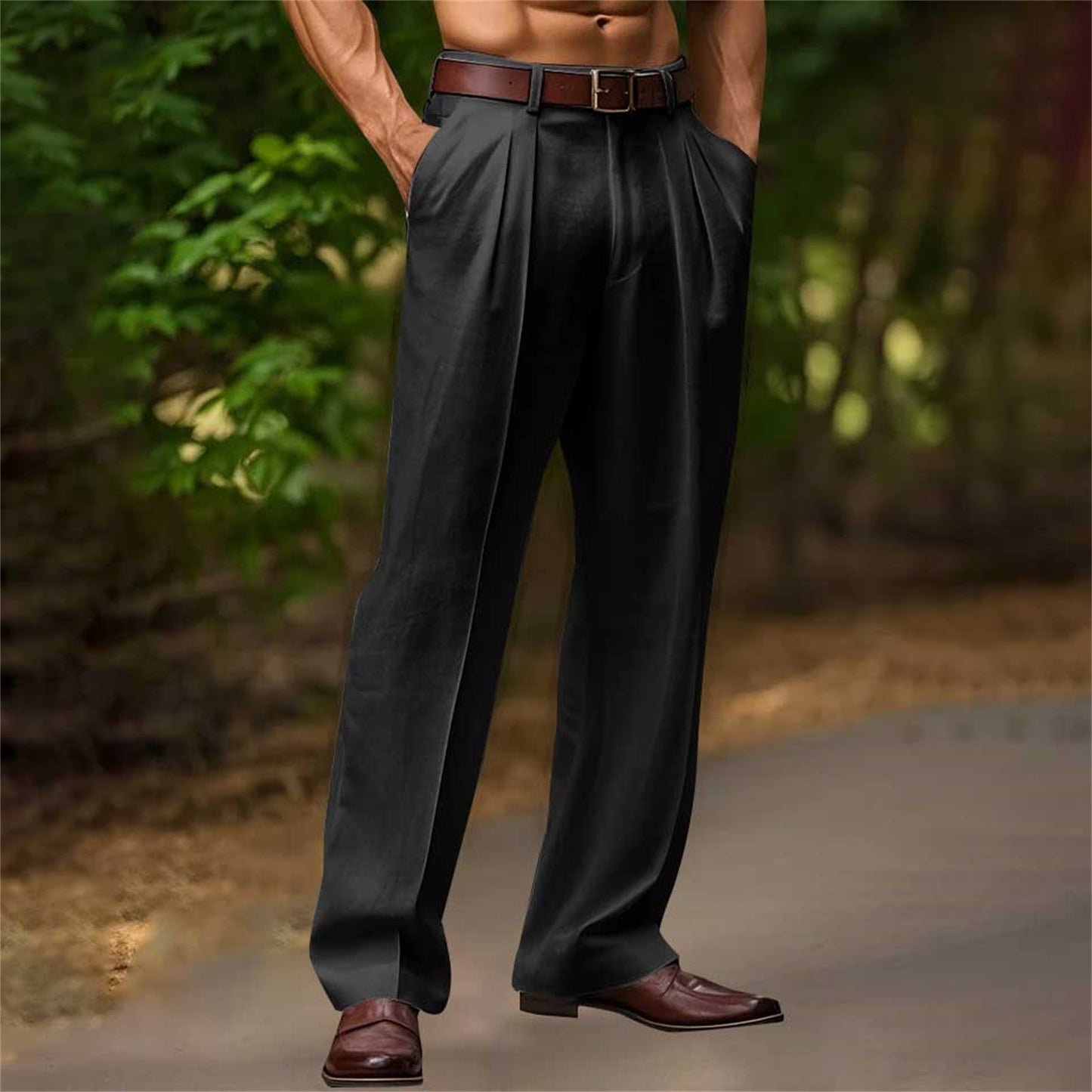 Mens Slant Pockets Trousers Bifold Cotton Solid Color Breathable And Loose Casual Pants