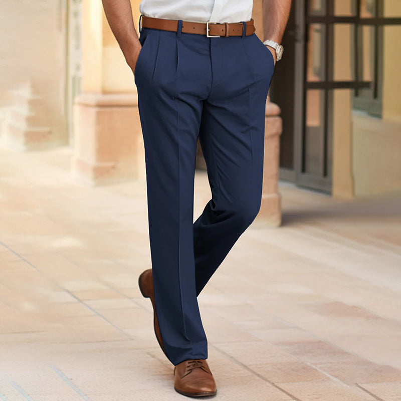 Men's Casual British Style Straight Mid Waist Office Trousers Business
