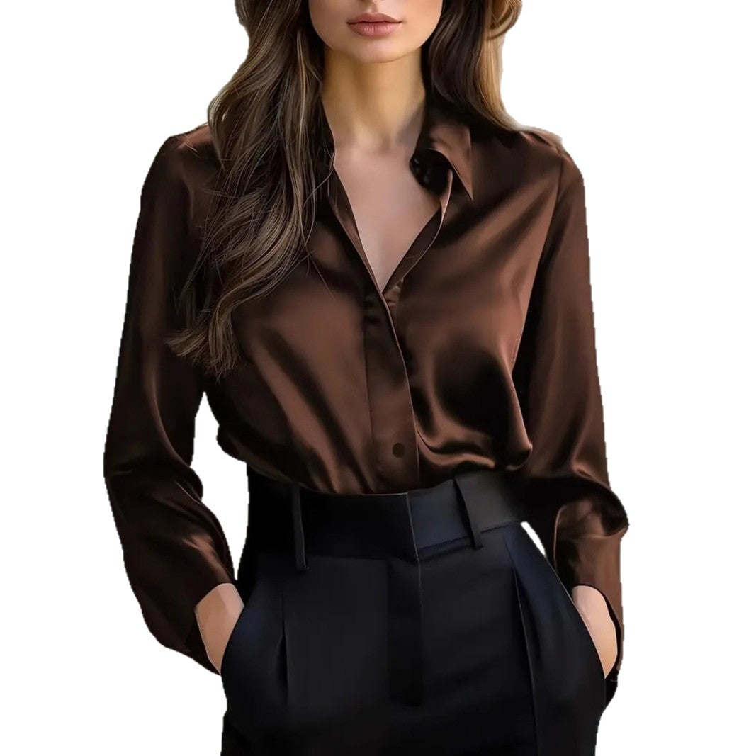 Women's Elegant Satin Long Sleeve Button Up Glossy Office Blouse