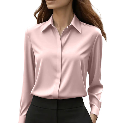 Women's Tailored Satin Lapel Long Sleeve Formal Office Blouse Shirt