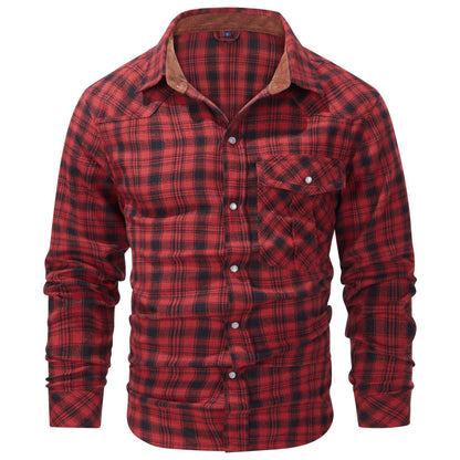 Mens Flannel Plaid Shirt | Retro Pearl Buckle Western Style Long Sleeve Shirt
