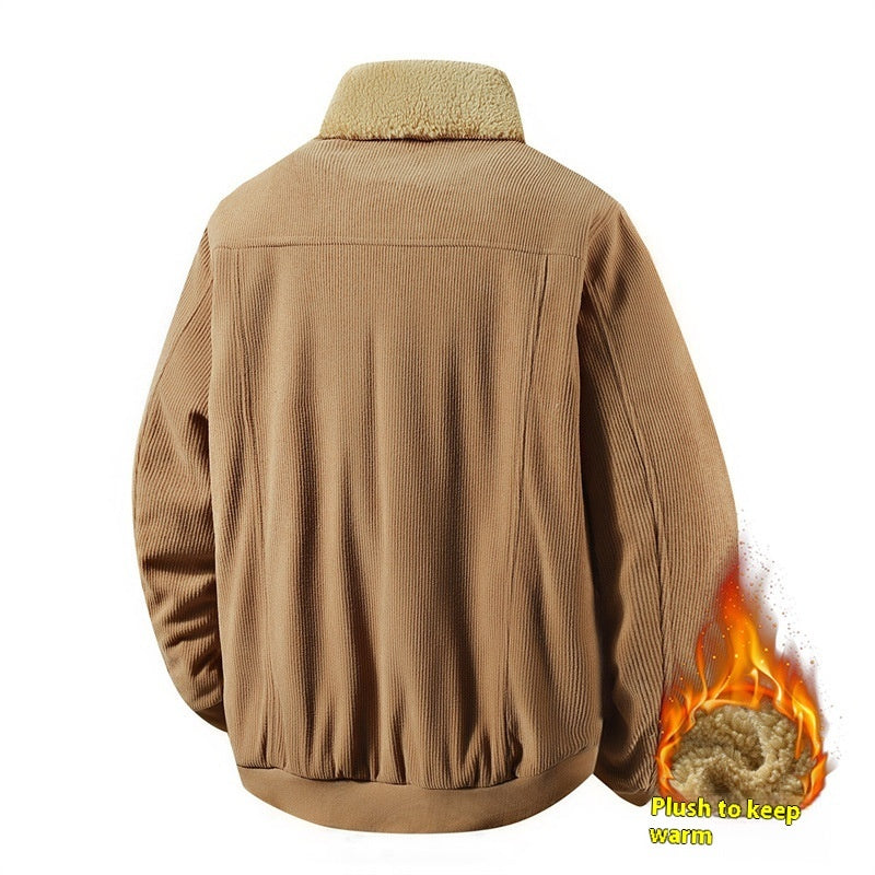 Mens Fleece Corduroy Cotton Coat Jacket | Casual Polo Collar Coat
