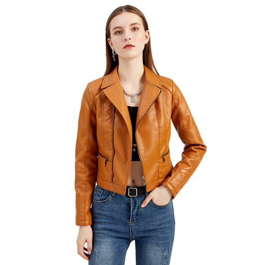 Womens Lapel Biker Washed PU Leather Jacket