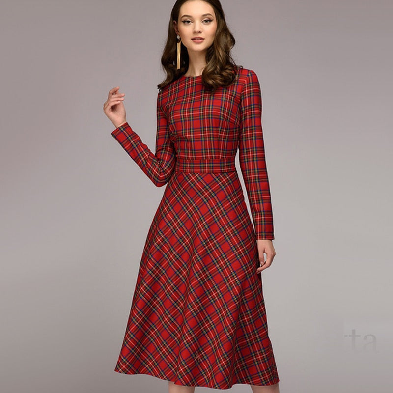 Women's Plaid Elegant Midi Dress Timeless Smart Casual Style Women