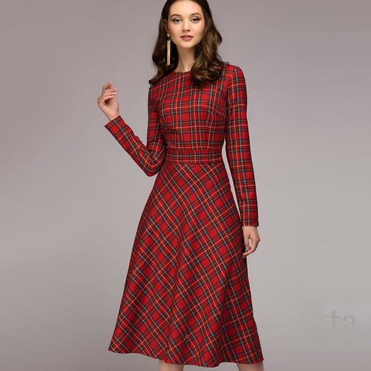 Women's Plaid Elegant Midi Dress Timeless Smart Casual Style Women