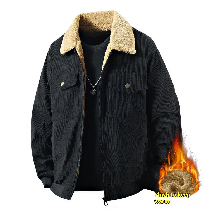 Mens Fleece Corduroy Cotton Coat Jacket | Casual Polo Collar Coat