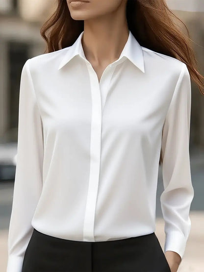 Women's Tailored Satin Lapel Long Sleeve Formal Office Blouse Shirt