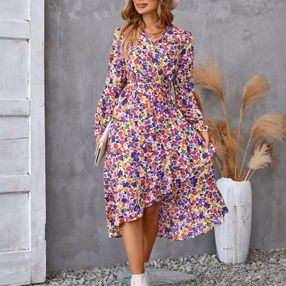 Women's Floral Print Long Sleeve Ruffled Midi Commuter Dress Elegant