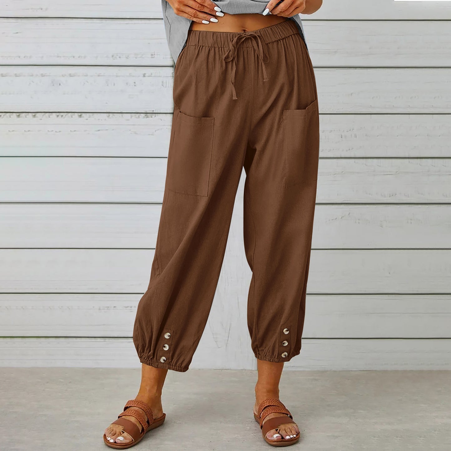 Women Drawstring Tie Pants - Cotton And Linen Trousers With Pockets Button